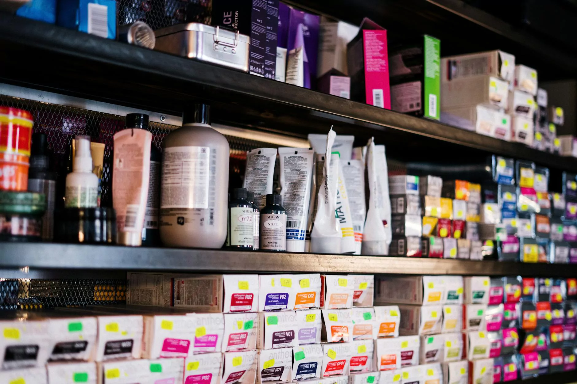 Shelves of hair-care products in varied colours